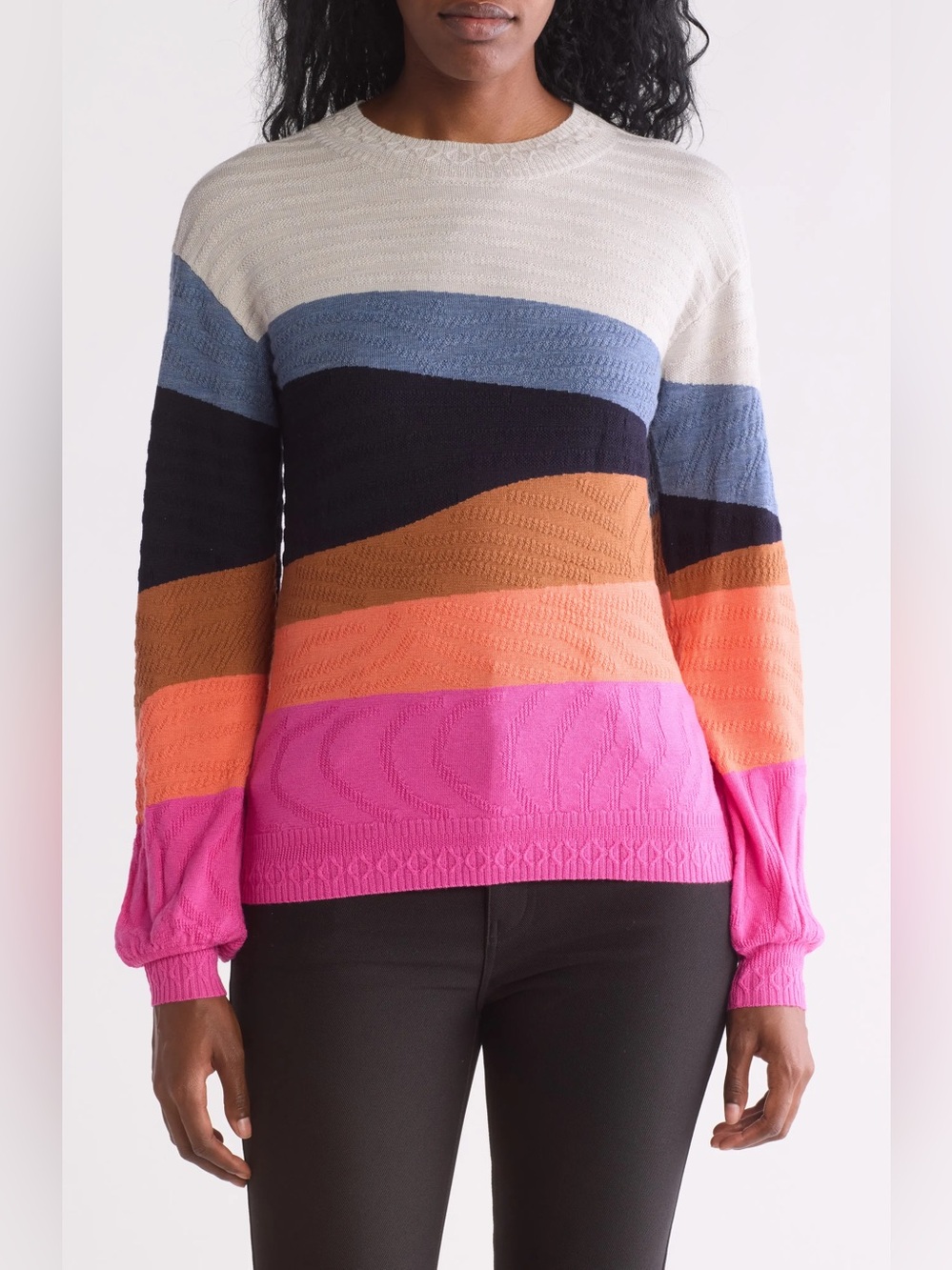 Trina Turk Diorama Merino Wool Sweater Colorblock Textured Knit